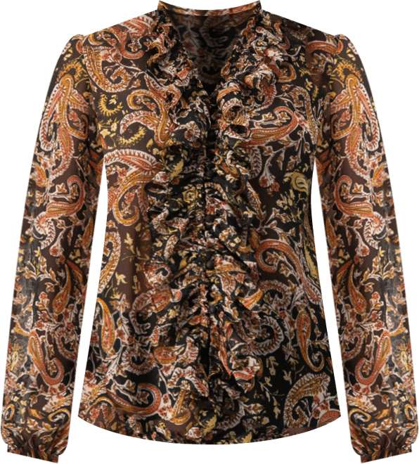 Women's V-Neck Ruffle Trim Printed Blouse