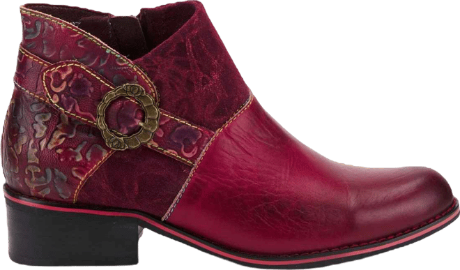 Women's Tiatia Hand-Painted Leather Ankle Boots with Asymmetrical Buckle Strap, Embossed and Suede Panels, Block Heel, and Side Zipper – Fre