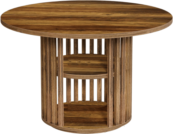 47-Inch Round Dining Table for 4, Farmhouse Kitchen Table with 2-Tier Storage Shelf and Solid Wood Base, Brown