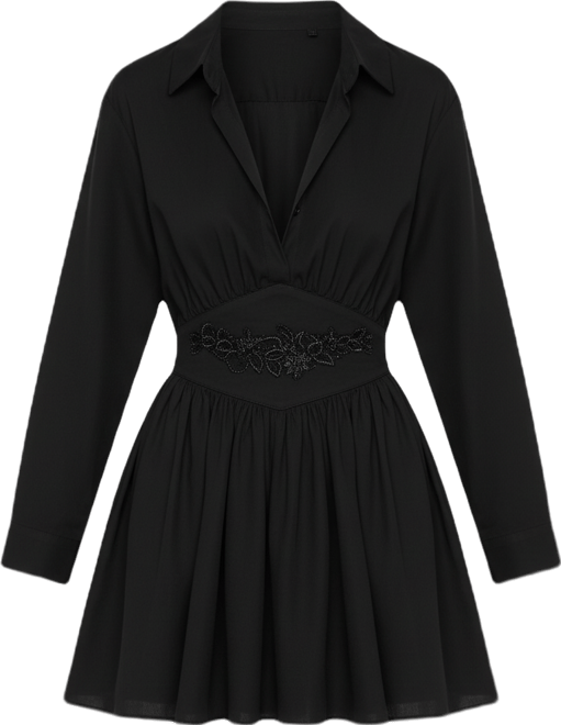 Women's Jamila Black Shirt Mini Dress with Embroidered Waist Detail