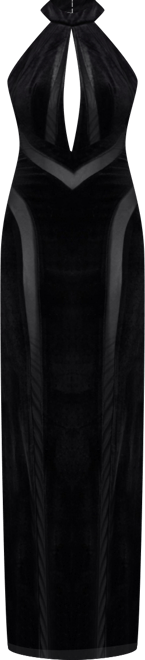 Women's Paityn Black Velvet Mesh Cutout Halter Gown