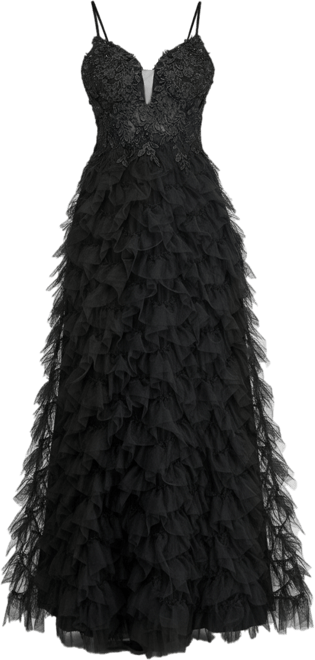 Juniors' V-Neck Ruffled Skirt Gown