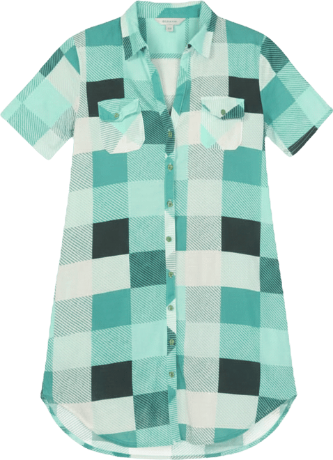 Women's Short Sleeve Plaid Button-Down Shirt Dress