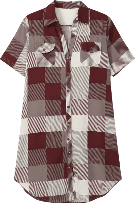 Women's Short Sleeve Plaid Button-Down Shirt Dress