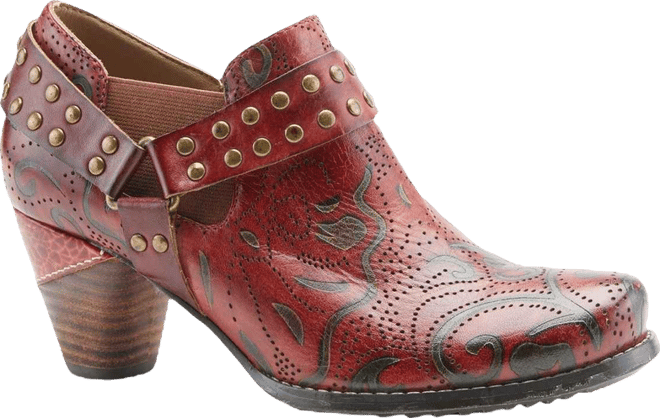 Women's Kacielou Western Shooties with Hand-Painted Leather, Studded Ankle Strap, Elastic Goring, and Cone Heel – Burnished Embossed Booties