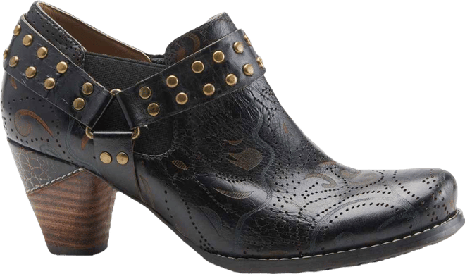 Women's Kacielou Western Shooties with Hand-Painted Leather, Studded Ankle Strap, Elastic Goring, and Cone Heel – Burnished Embossed Booties