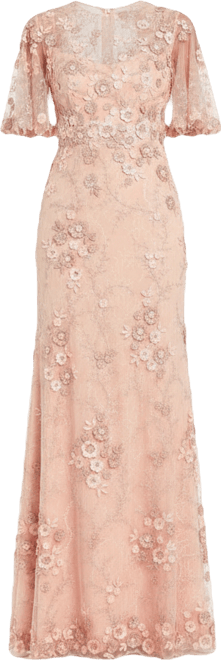 Petite women's Flutter Sleeve Floral Embroidered Net Gown