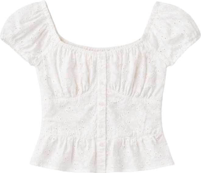 Juniors' Eyelet Short-Sleeve Button-Front Top