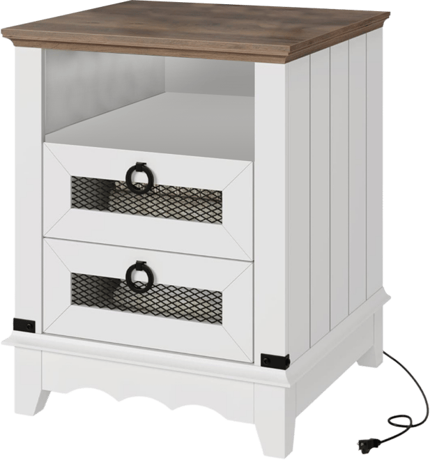 End Table Farmhouse Side Table 24" Nightstand Industrial End Table with Charging Station 2 Drawers Bed Side Table Open Cubby