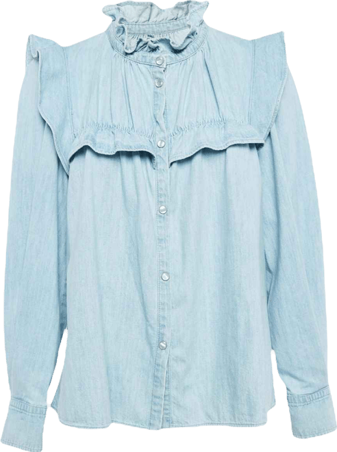 Women's Etoile Light Blue Denim Button Front Ruffled Blouse