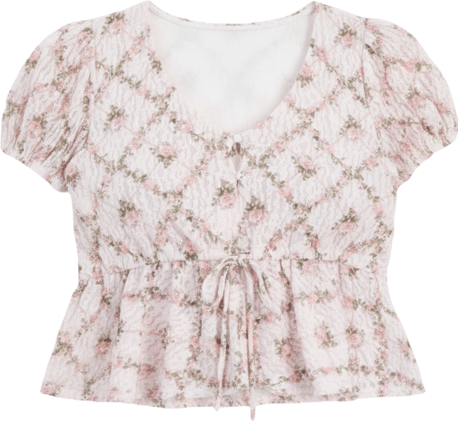 Juniors' Printed Lace Short-Sleeve Babydoll Top