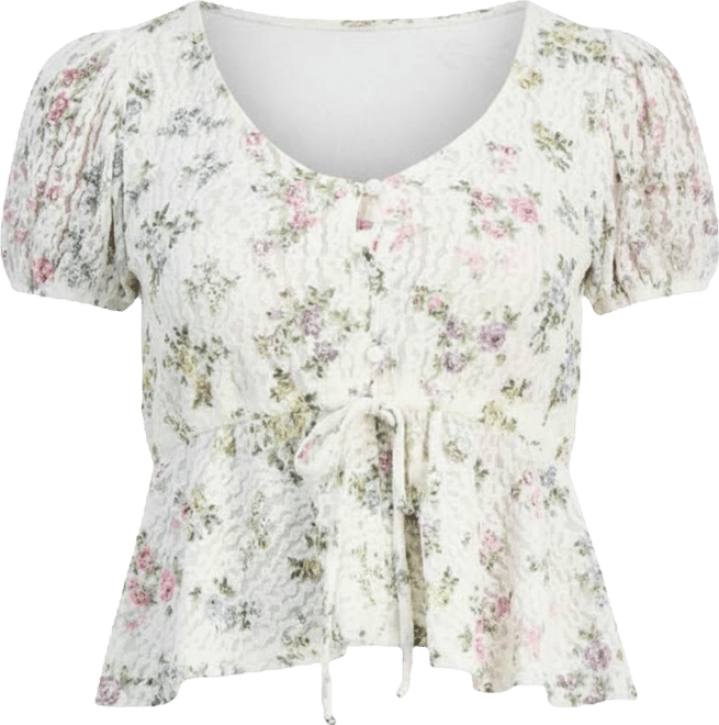 Juniors' Printed Lace Short-Sleeve Babydoll Top