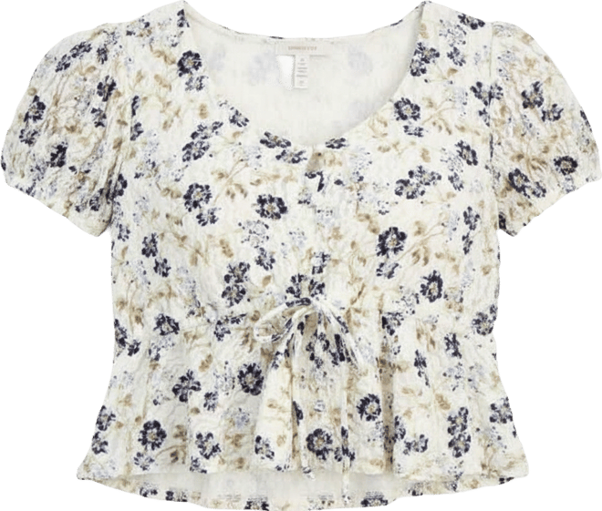 Juniors' Printed Lace Short-Sleeve Babydoll Top