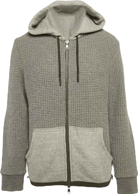 Men's Grey Rib Knit And Nylon Hooded Jacket