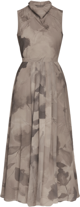 Women's Sleeveless Cowl Neck Floral Print Belted A-Line Midi Dress