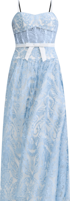 Juniors' Sweetheart-Neck Embroidered Ball Gown with Corset Drop Waist and Bow Belt