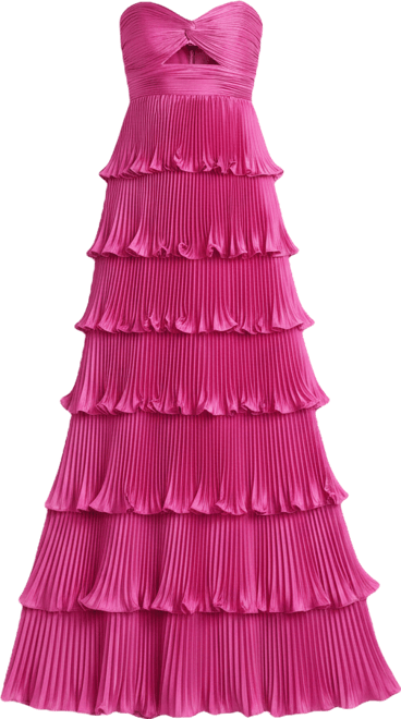 Women's Petite Pleated Charmeuse Strapless Tiered Ruffle Gown