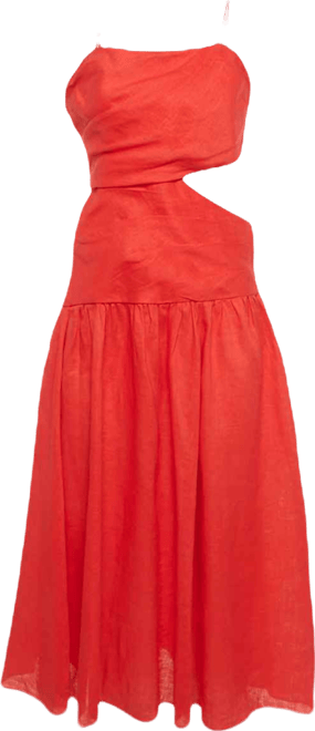 Women's Red Linen Cut Out Midi Dress
