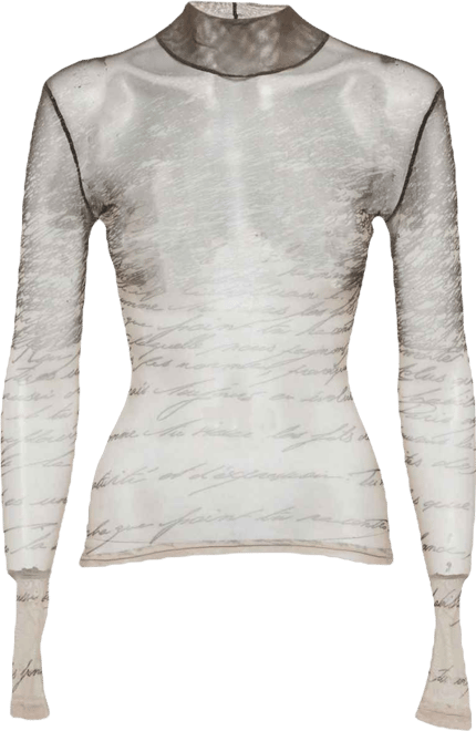 Women's Beige Love Letter-Print Stretch Mesh Sheer Top
