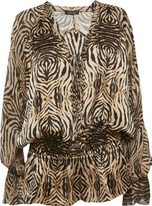 Women's Brown Tiger Printed Silk Tie Up Detail Top