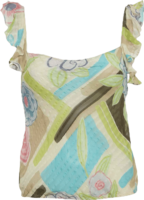 Women's Multicolor Printed Silk Ruffe Sleeve Sheer Top