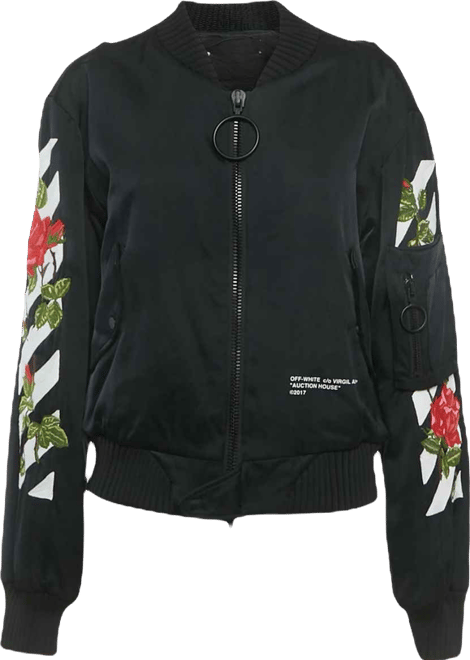 Women's Black Rose And Arrow Embroidered Satin Bomber Jacket
