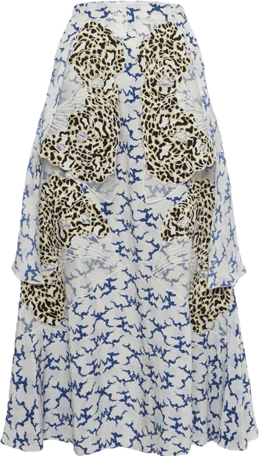 Women's White Printed Silk Ruffled Midi Skirt