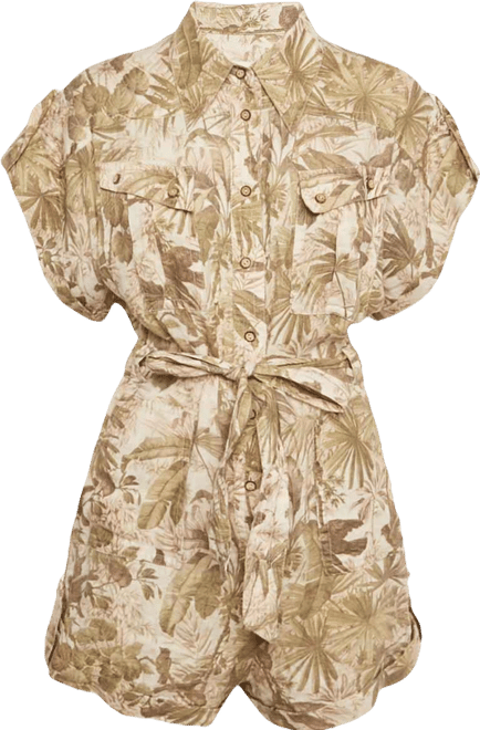 Women's Green Tropical Print Linen Playsuit