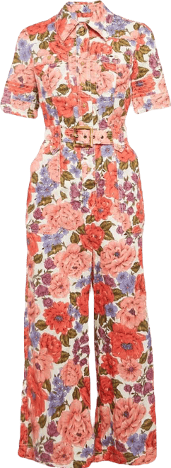 Women's Multicolor Floral Printed Linen Belted Jumpsuit