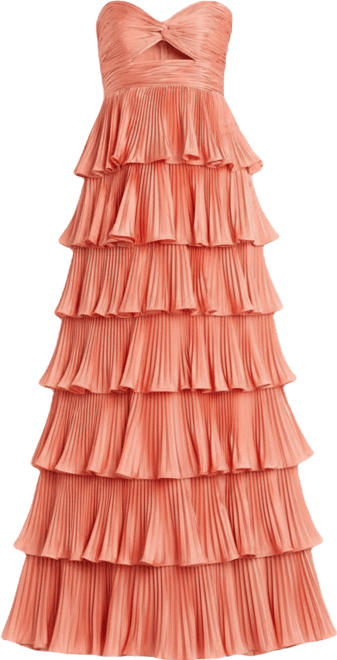 Women's Pleated Charmeuse Strapless Tiered Ruffle Gown