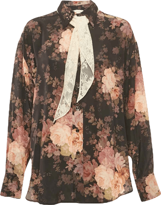 Women's Black Floral Print Silk Neck Tie-Up Button Front Blouse