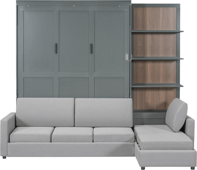 Queen Size Murphy Bed Wall Bed with Sofa and Shelves, Gray