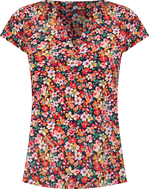 Women's Floral-Print Split-Neck Cap-Sleeve Top