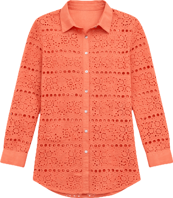 Women's Eyelet Openwork Dot Long-Sleeve Beach Shirt