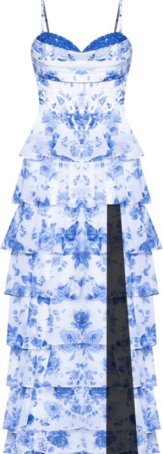 Juniors' Printed Corset Ruffle Gown