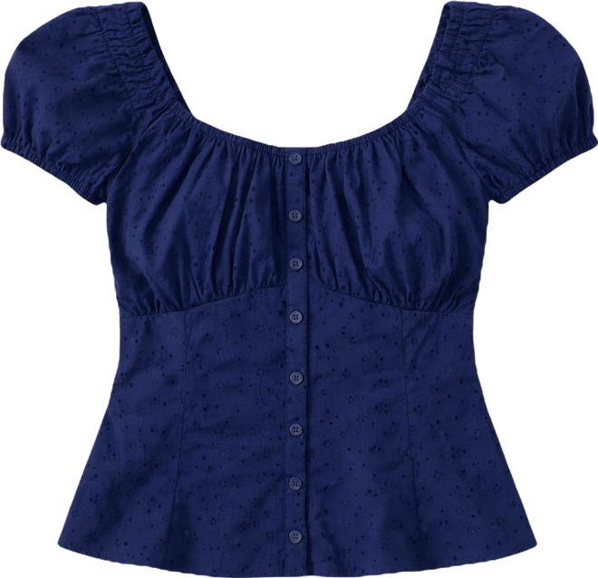Juniors' Eyelet Short-Sleeve Button-Front Top