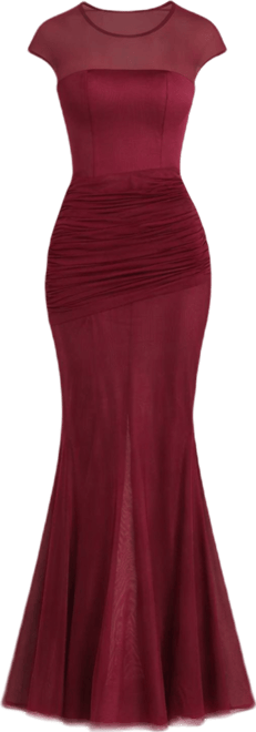 Women's Fabienne Burgundy Mesh Cap Sleeve Mermaid Gown