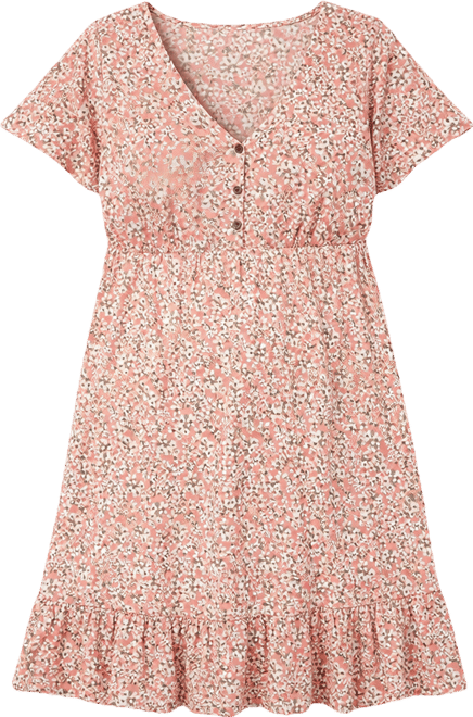 Maternity Pink Floral Ruffle Accent Dress