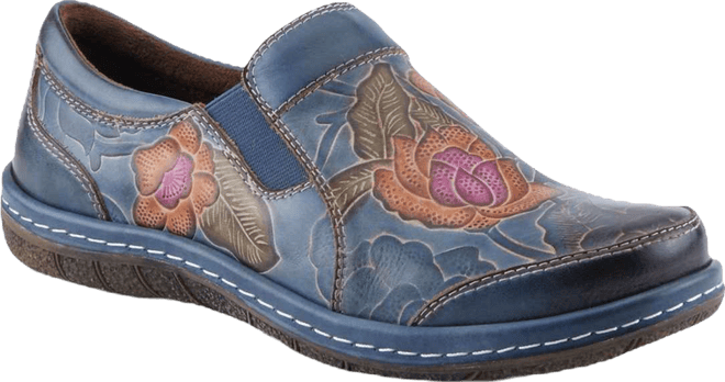 Women's Annawan Floral Embossed Handpainted Leather Comfort Slip-On Shoes with Stretch Gore and Padded Collar