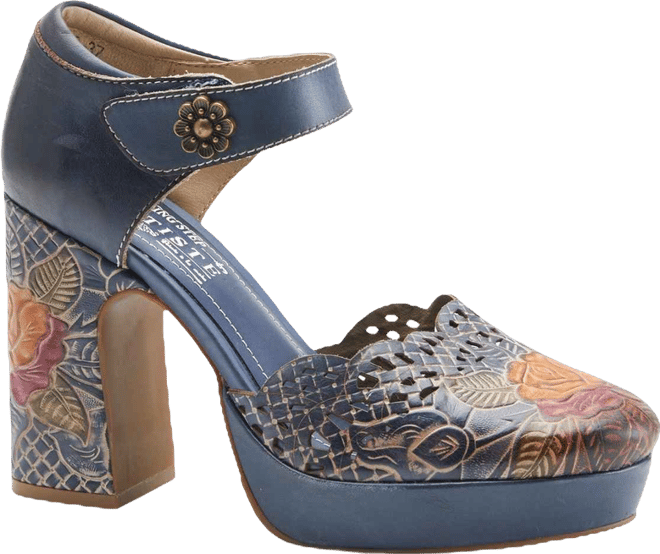 Women's Debbihary Hand-Painted Leather Mary Jane Pumps with Rose Embossing, Cutouts, Adjustable Strap, and 4-Inch Leather-Wrapped Heel – Ele