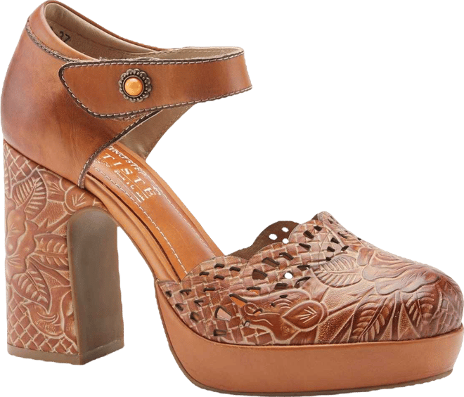 Women's Debbihary Hand-Painted Leather Mary Jane Pumps with Rose Embossing, Cutouts, Adjustable Strap, and 4-Inch Leather-Wrapped Heel – Ele