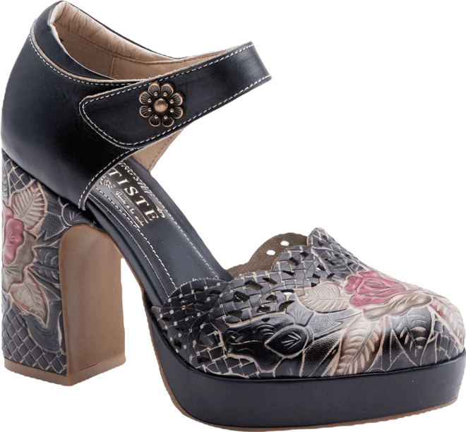 Women's Debbihary Hand-Painted Leather Mary Jane Pumps with Rose Embossing, Cutouts, Adjustable Strap, and 4-Inch Leather-Wrapped Heel – Ele