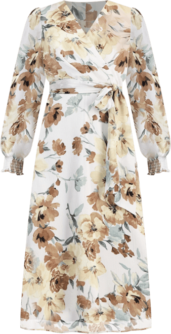 Petite Smocked Cuff-Sleeve V-Neck Midi Dress