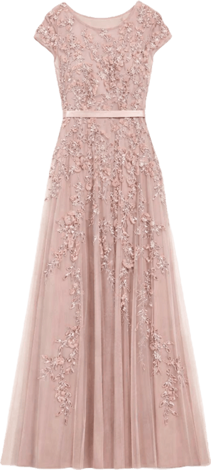 Women's Floral Embellished Short Sleeve Mesh Gown