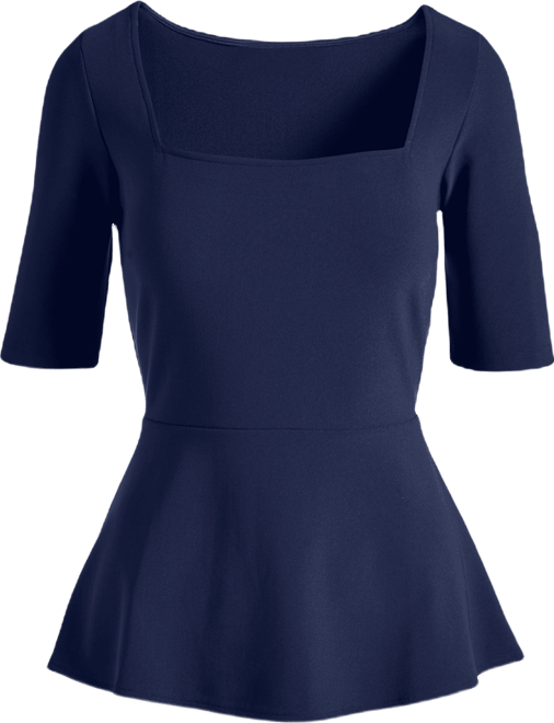 Beyond Travel Square Neck Elbow Sleeve Peplum Top Maritime Navy