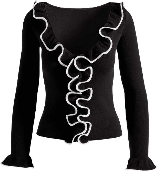 V-Neck Tipped Ruffle Sweater Top Black/White | Boston Proper