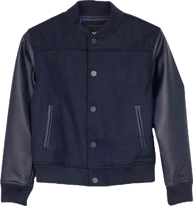 Boy's Wool Varsity Bomber Jacket With Grainy Pu Sleeves