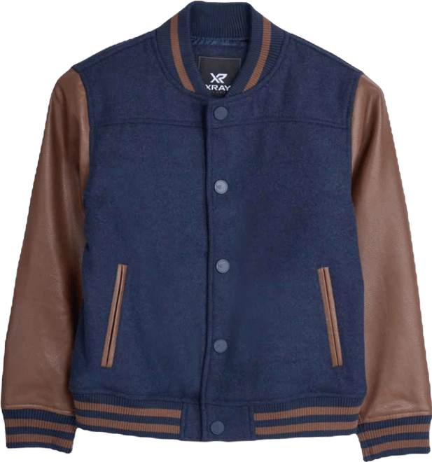 Boy's Wool Varsity Bomber Jacket With Grainy Pu Sleeves