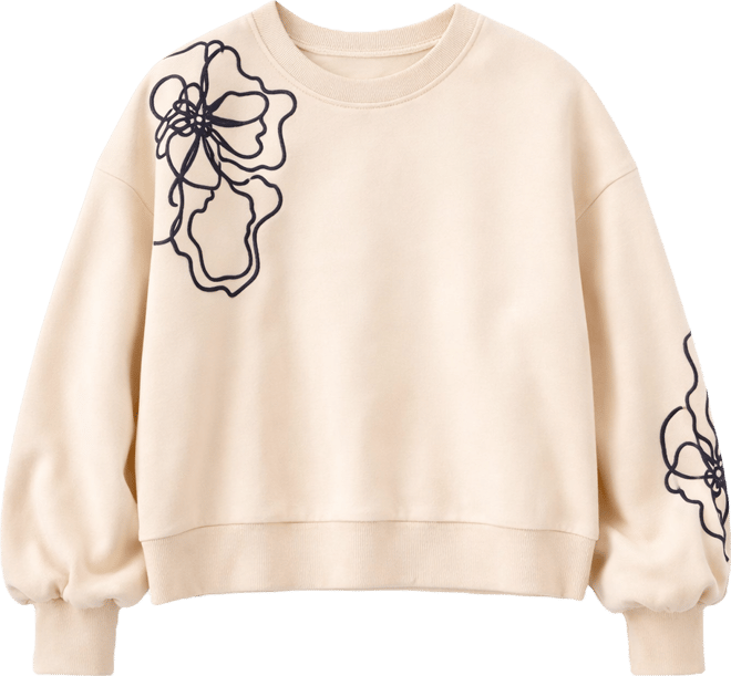 Women's French Terry Embroidered Drop Shoulder Crew Neck Top