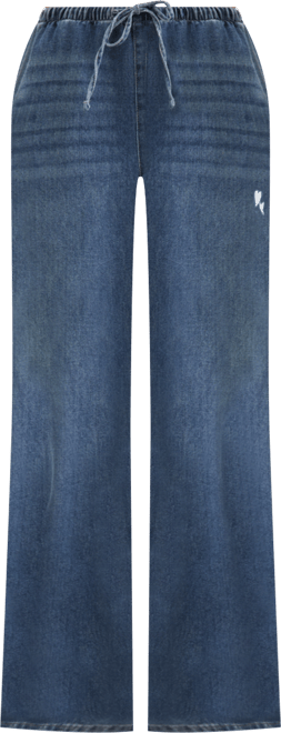 Juniors' Heart-Embroidered Drawstring Wide-Leg Jeans